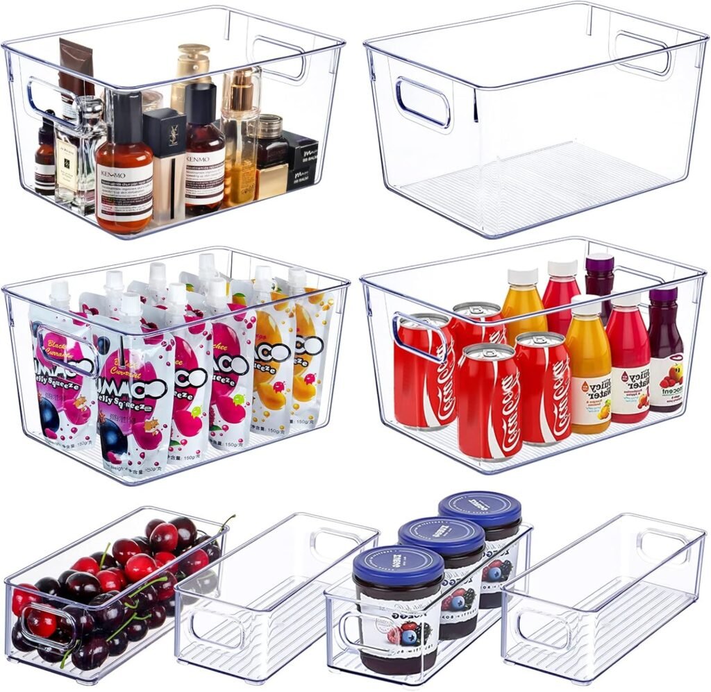 Clear acrylic stackable pantry bins used to organize snacks, baking supplies, and dry goods in a neutral modern pantry