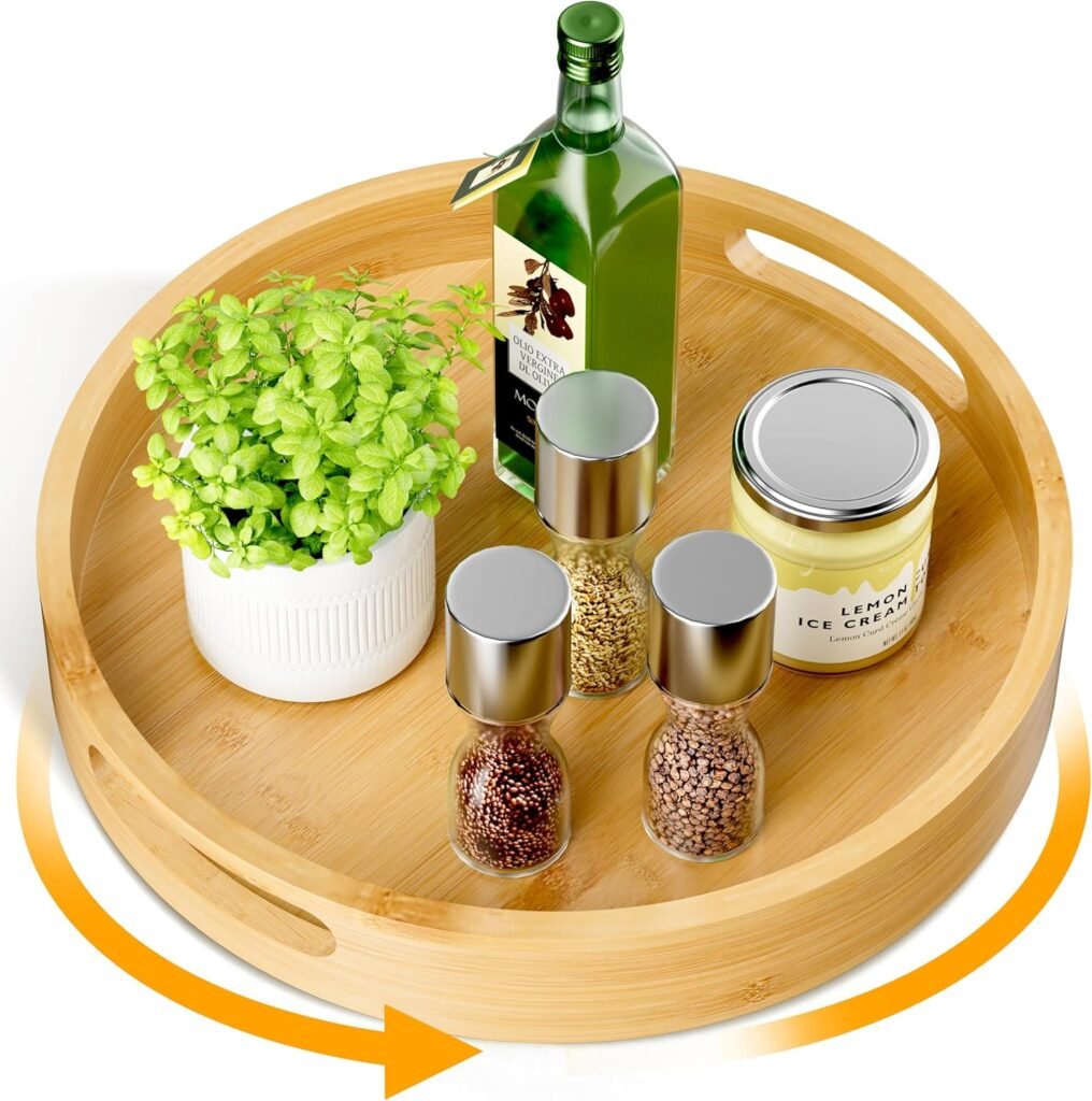 Bamboo Lazy Susan turntable in a neutral pantry holding oils, condiments, and seasonings for easy access